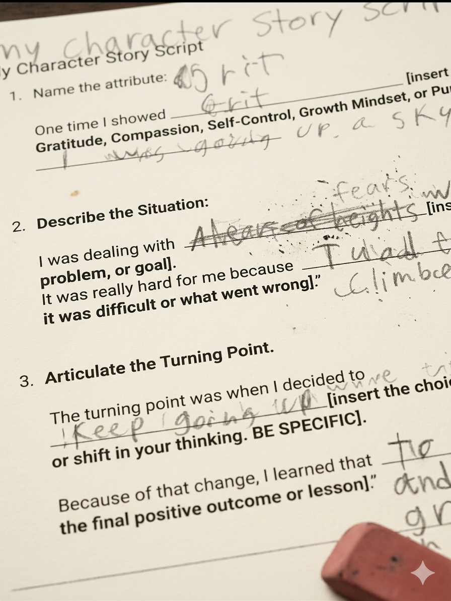 A student's character story worksheet with handwritten revisions and an eraser